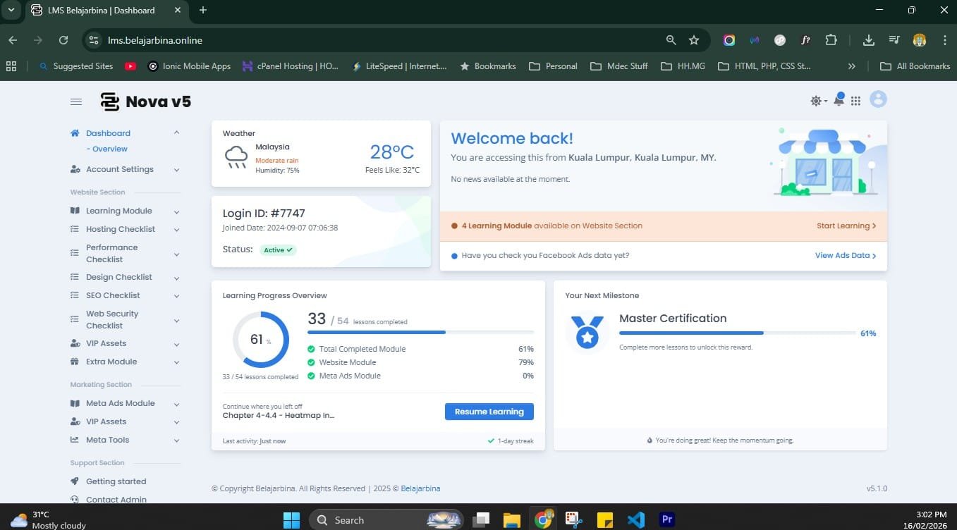 Preview dashboard BelajarBina