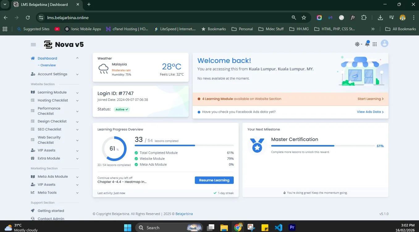Preview dashboard BelajarBina